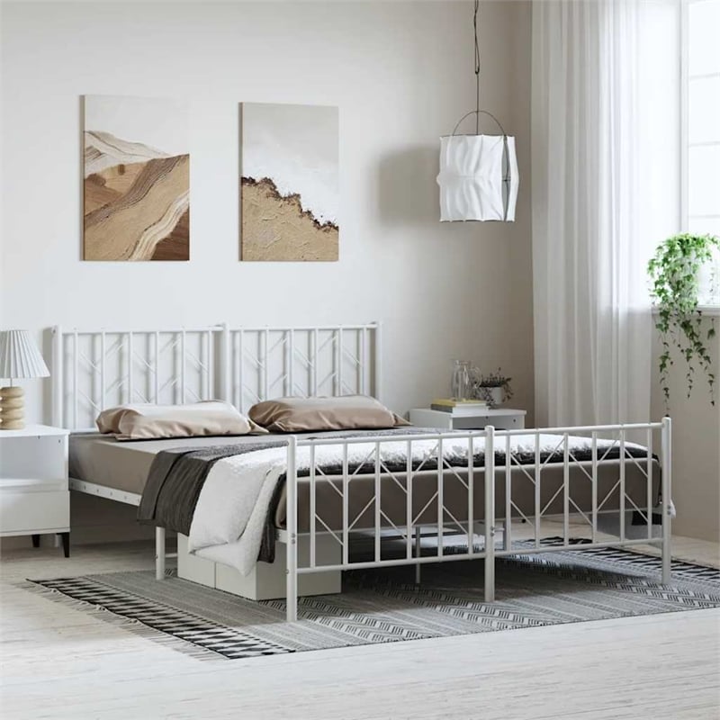 vidaXL Rectangular Powder-Coated Steel Full Bed Frame in White
