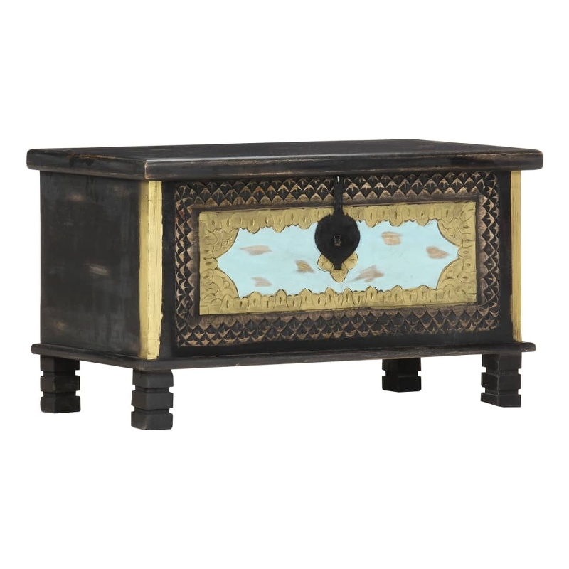vidaXL Solid Mango Wood Metal Storage Chest in Black Gold Blue