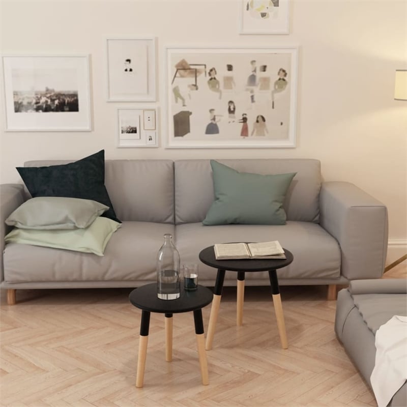 vidaXL Solid Pinewood Legs MDF Top Small Side Table in Black (Set of 2)