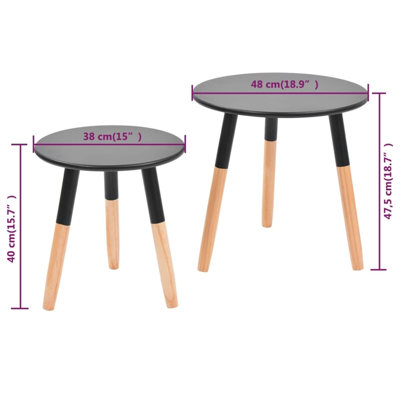 vidaXL Solid Pinewood Legs MDF Top Small Side Table in Black (Set of 2)