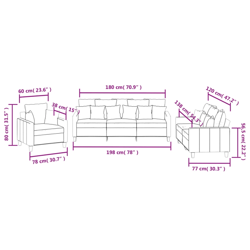 Vidaxl 3 -Piece Metal Sofa Set in Black Fabric Polyester