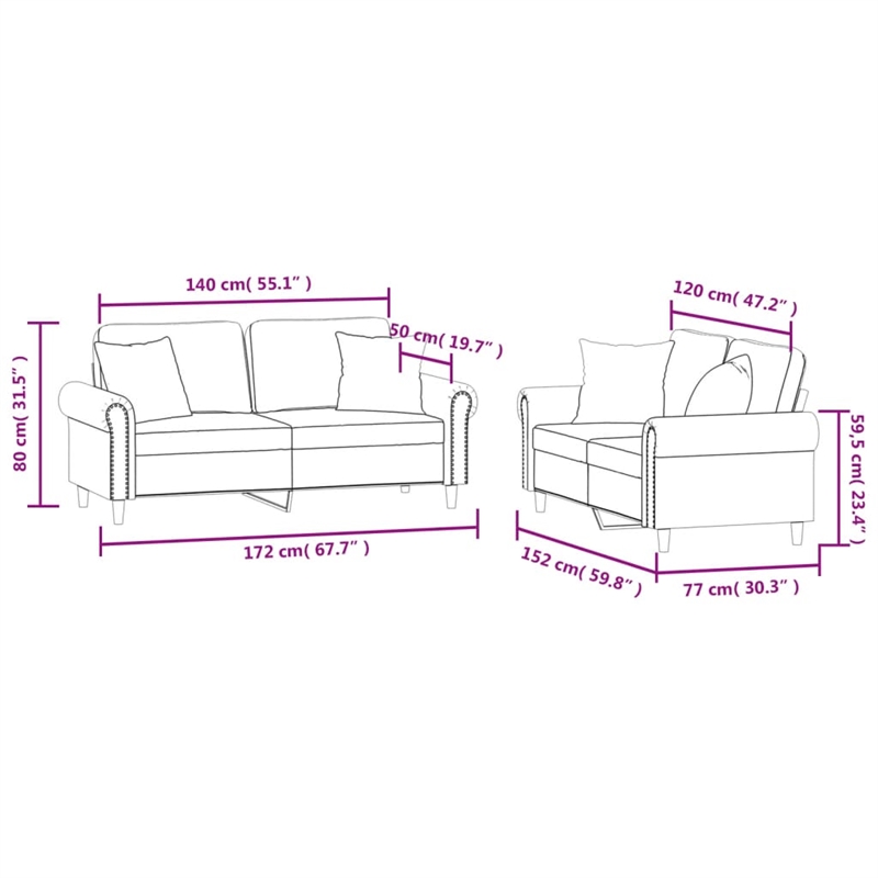 Vidaxl 2-Seater Metal Sofa Set in Light Grey Velvet