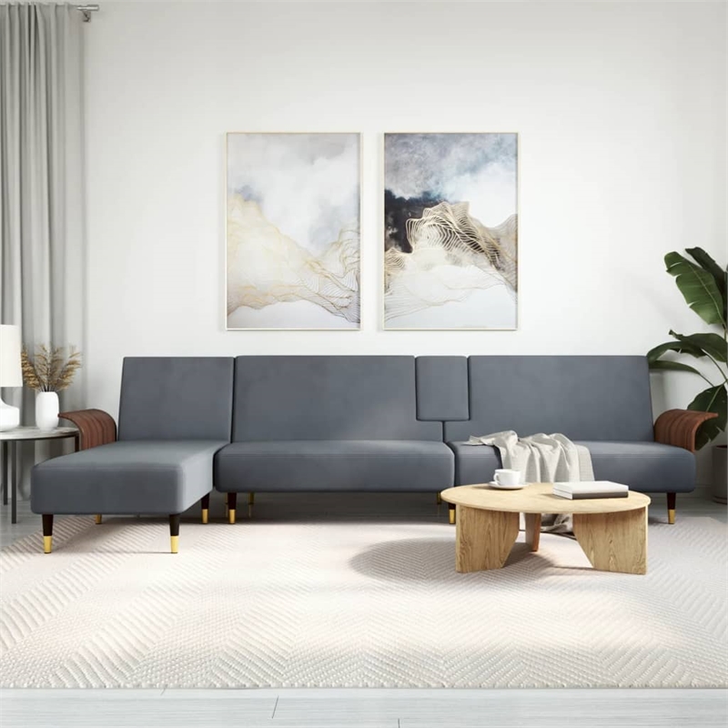 Vidaxl Large Foldable Modern L-Shaped Sofa Bed in Dark Grey Velvet