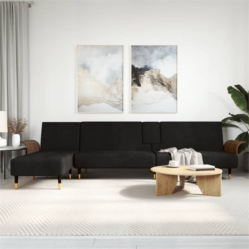 Vidaxl Large Adjustable Armrests L-Shaped Sofa Bed in Black Velvet