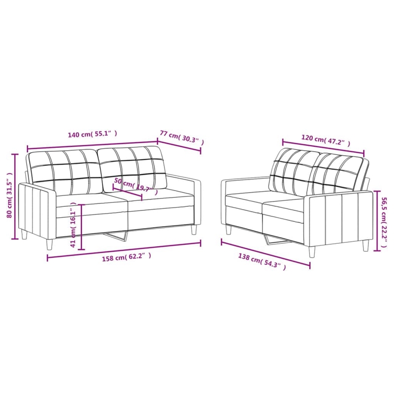 Vidaxl Rectangular Modern 2-Seater Sofa Set in Black Polyester