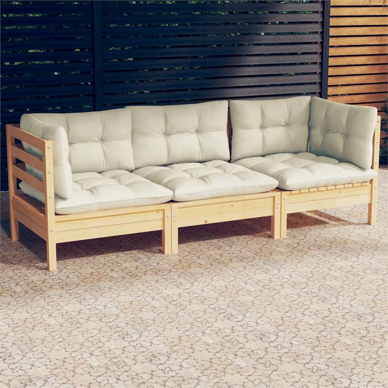 vidaXL 3-Seater Solid Pinewood & Polyester Fabric Garden Sofa in Cream