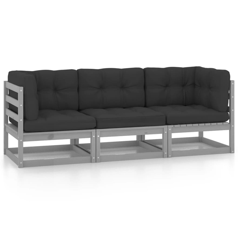 vidaXL 3-Seater Solid Pinewood & Polyester Fabric Garden Sofa in Grey