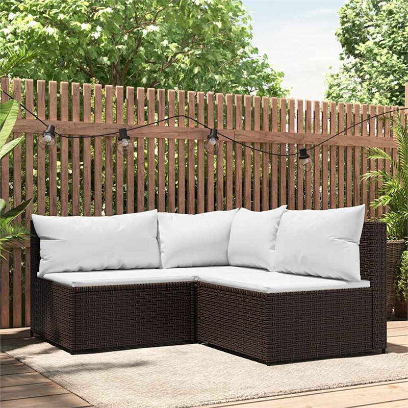 vidaXL 3 Piece Patio Lounge Set With Cushions in Cream White/Brown Poly Rattan