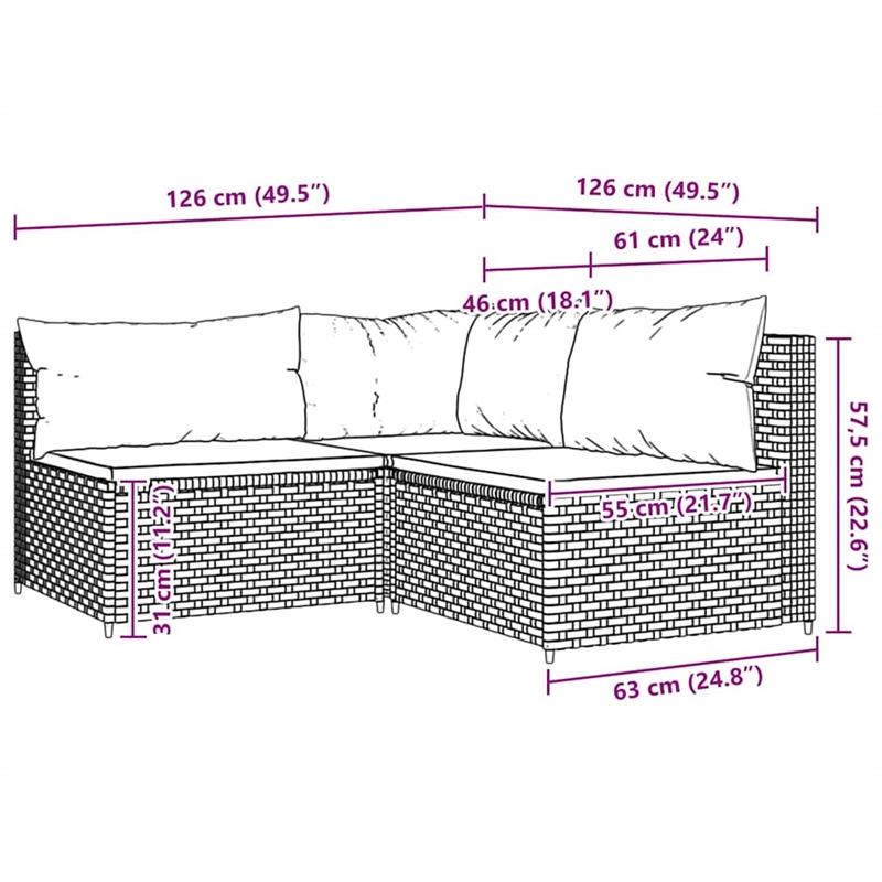 vidaXL 3 Piece Patio Lounge Set With Cushions in Cream White/Brown Poly Rattan