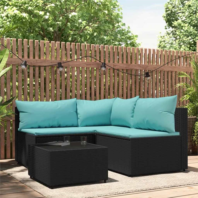 vidaXL Patio Lounge Set in Black With Water Blue Cushions