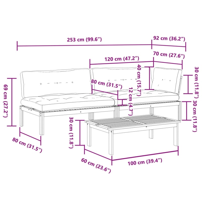 vidaXL Solid Acacia Wood & Polyester Pallet Sofa Set in Beige & Natural Wood