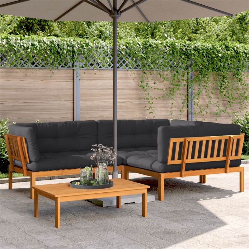 vidaXL Solid Acacia Wood With Polyester Cushions Pallet Sofa Set in Anthracite