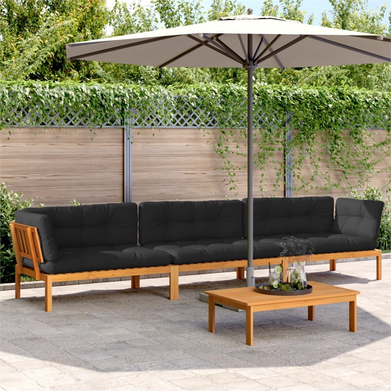 vidaXL Pallet Sofa Set in Natural Wood With Black Cushions