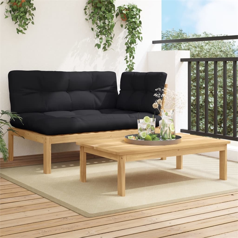 vidaXL Solid Acacia Wood Patio Sofa Set With Black Cushions in Natural Wood