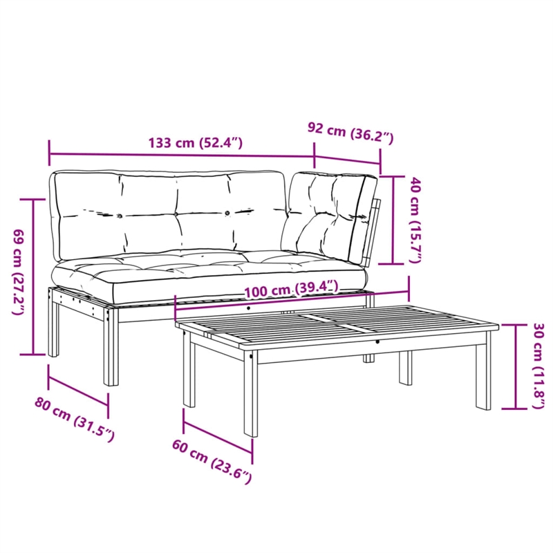 vidaXL Solid Acacia Wood Patio Sofa Set With Black Cushions in Natural Wood