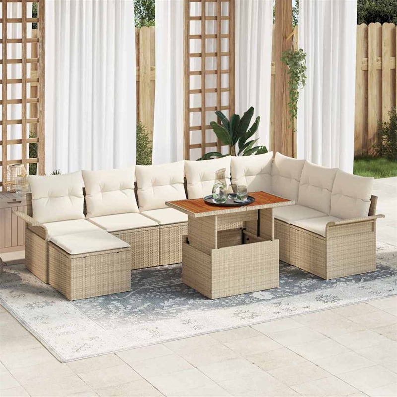 vidaXL 9 Pcs Beige Garden Sofa Set With Cushions in Cream