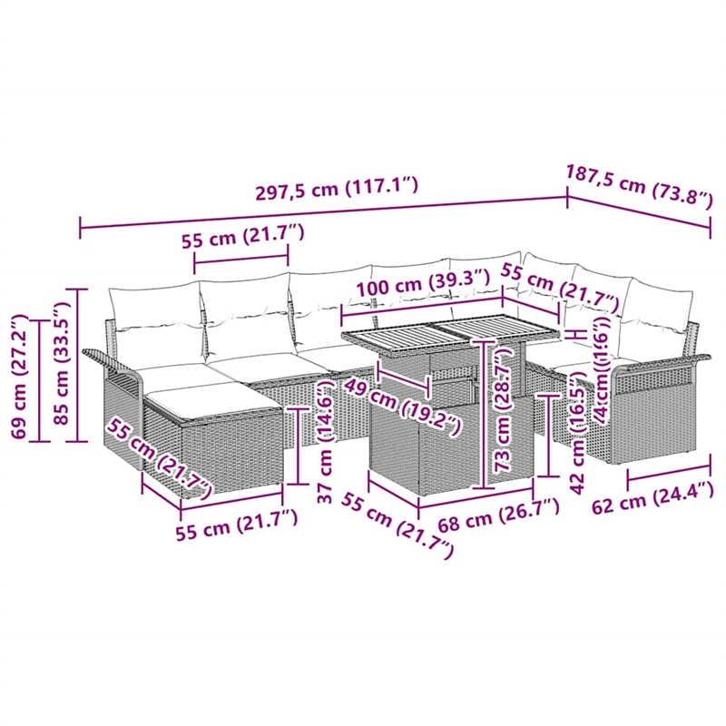 vidaXL 9 Pcs Beige Garden Sofa Set With Cushions in Cream