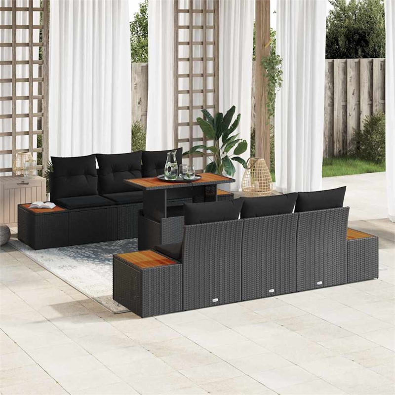 vidaXL 7 Pcs Black & Brown Garden Dining Set With Cushions
