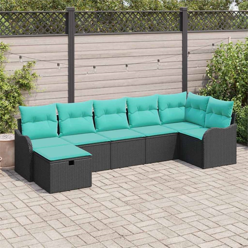 vidaXL Black Poly Rattan Sofa Set With Cushions in Turquoise