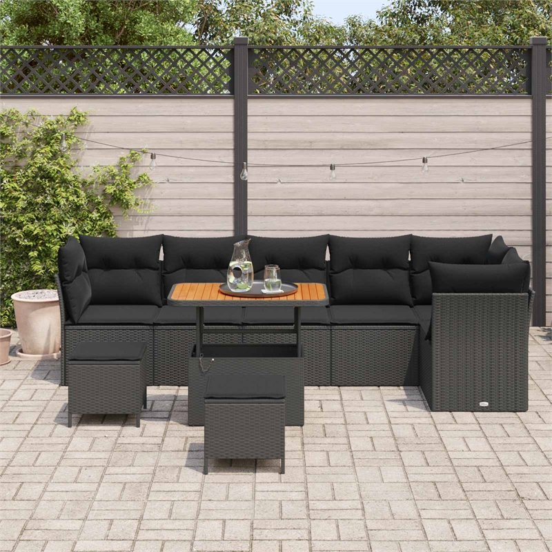 vidaXL 9 Pcs Black Garden Sofa Set With Cushions