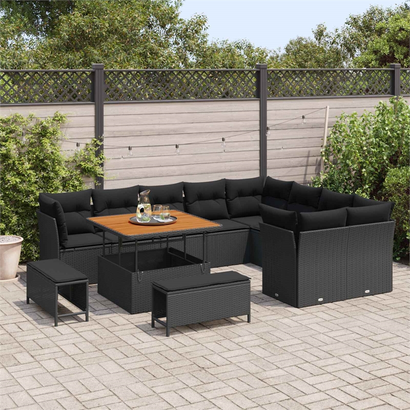 vidaXL 12 Pcs Black Garden Sofa Set With Cushions And Storage