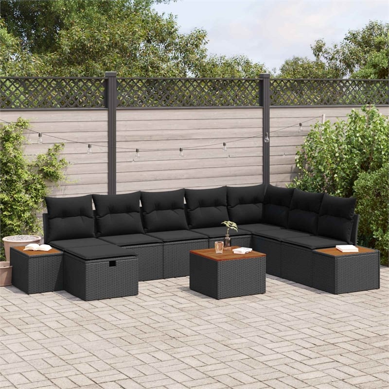 vidaXL 9 Pcs Black Poly Rattan Garden Sofa Set With Pillows