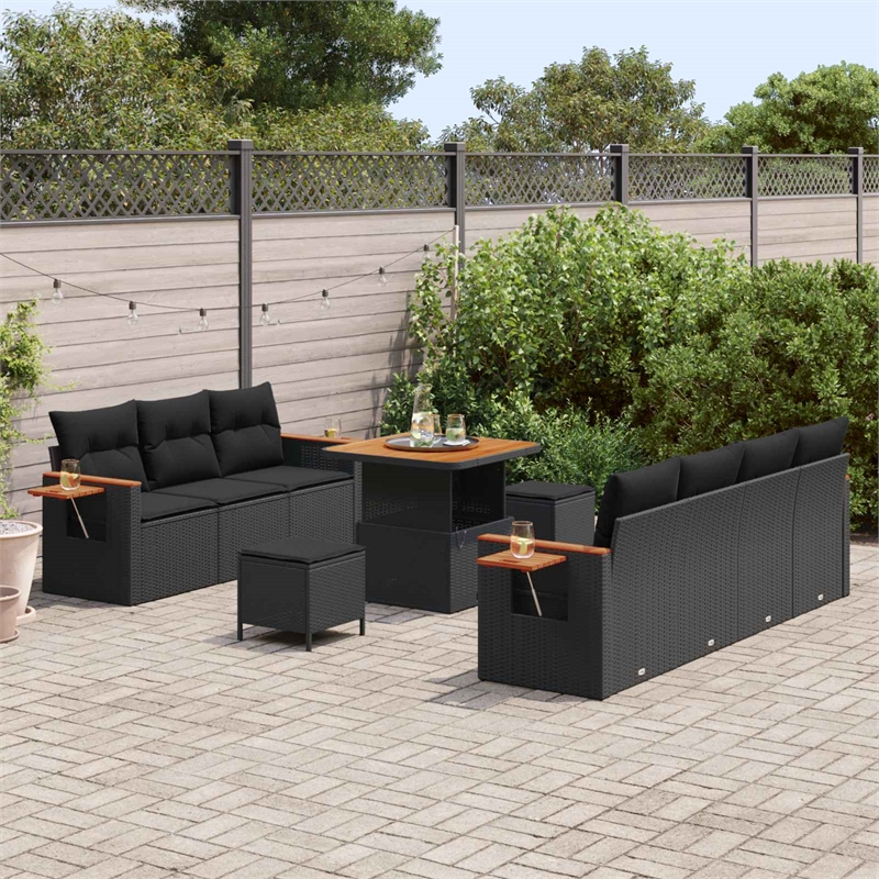 vidaXL 10 Pcs Black Garden Sofa Set With Cushions