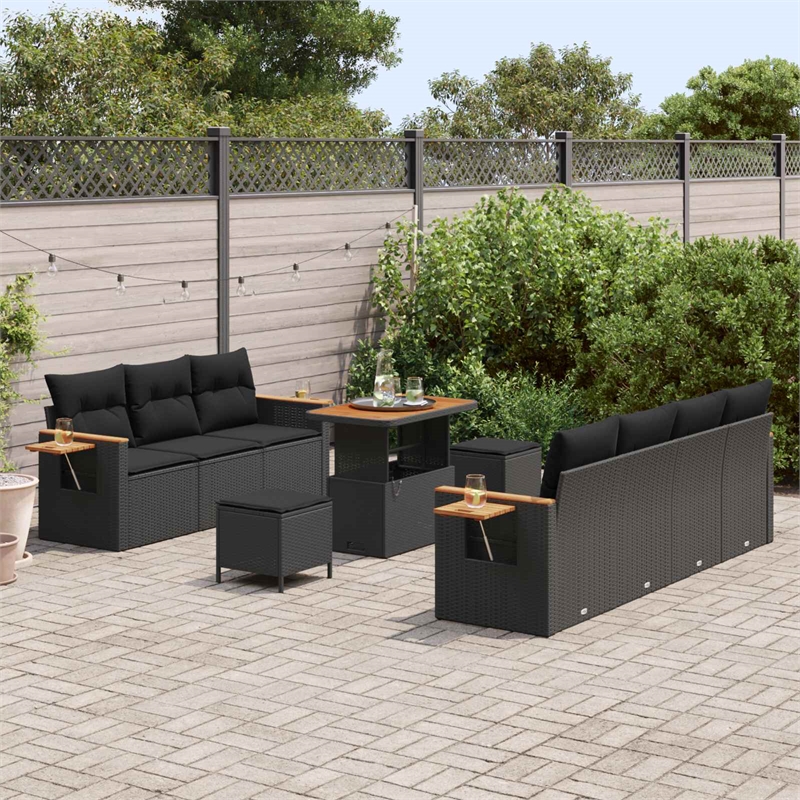 vidaXL 10 Pcs Black Garden Sofa Set With Cushions