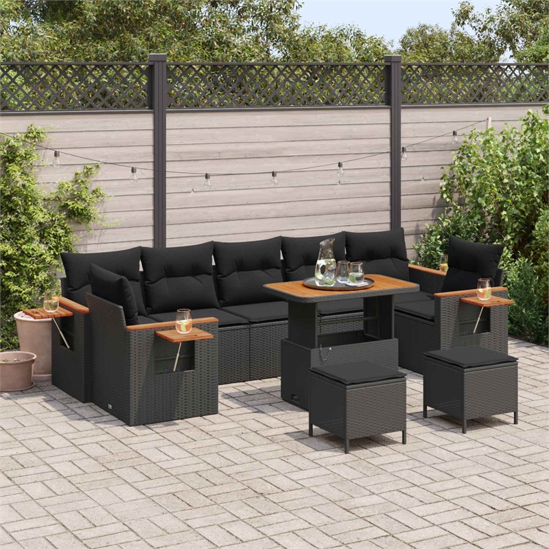 vidaXL 10 Pcs Black Garden Sofa Set With Cushions