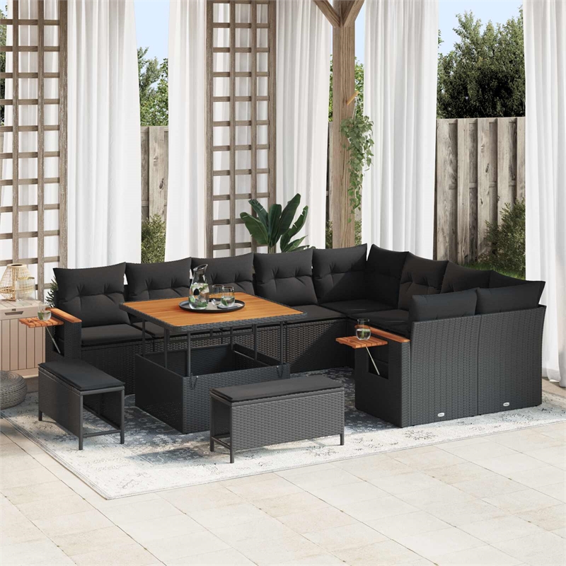vidaXL 12 Pcs Black Garden Sofa Set With Cushions