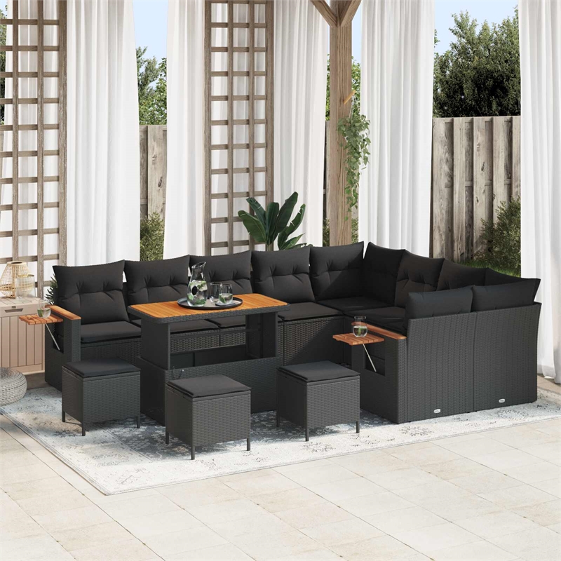 vidaXL 13 Pcs Black Garden Sofa Set With Cushions