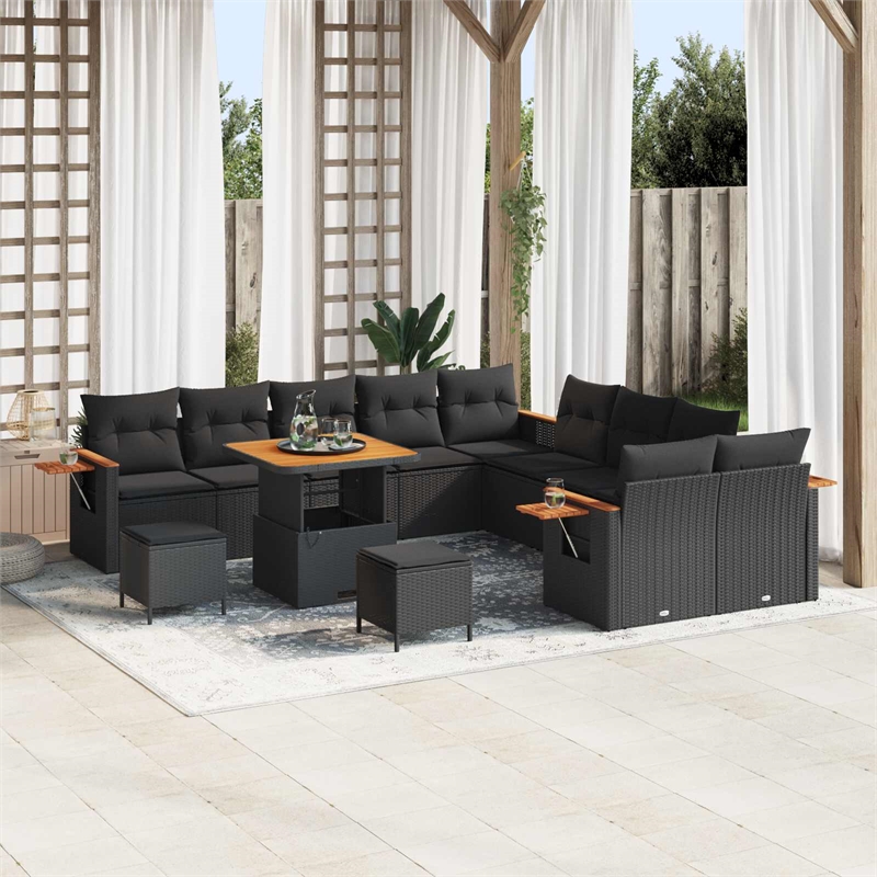 vidaXL 13 Pcs Black Garden Sofa Set With Cushions