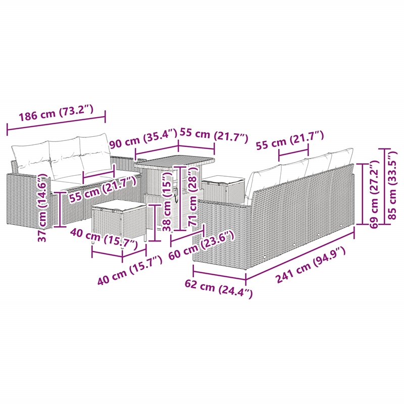vidaXL 10 Pcs Black Garden Sofa Set With Cushions And Storage