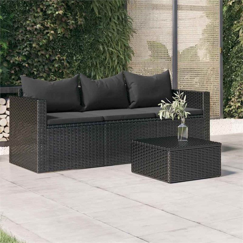 vidaXL 3-Seater Poly Rattan Patio Sofa With Cushions in Black/Black Frame