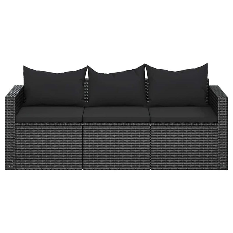 vidaXL 3-Seater Poly Rattan Patio Sofa With Cushions in Black/Black Frame