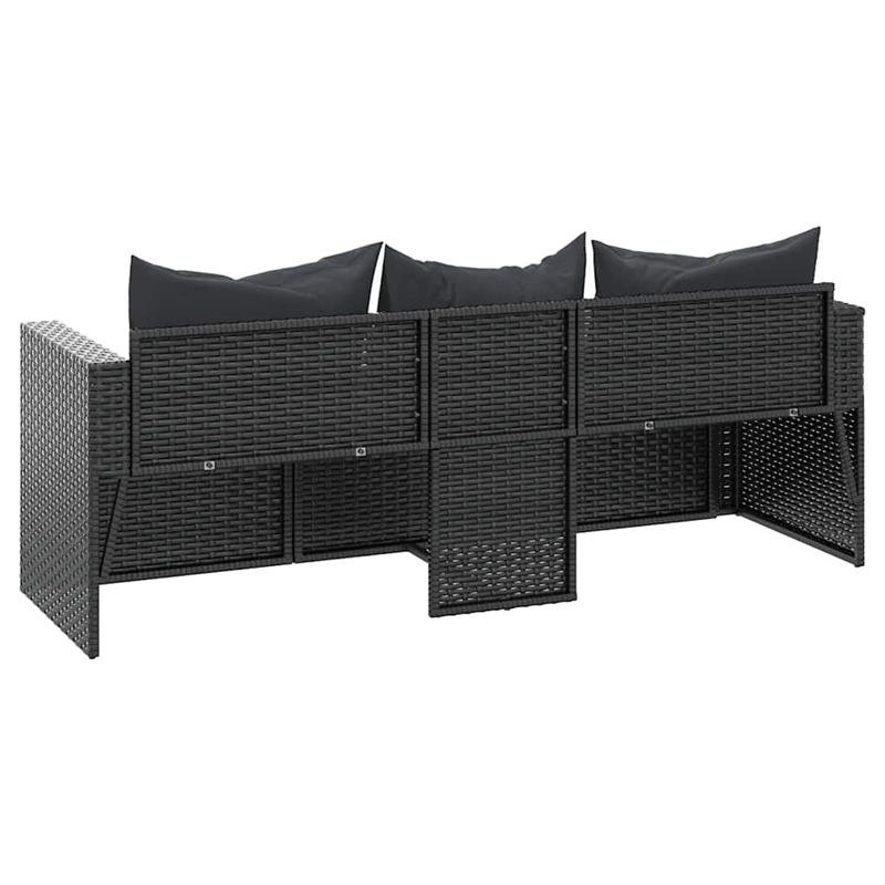 vidaXL 3-Seater Poly Rattan Patio Sofa With Cushions in Black/Black Frame