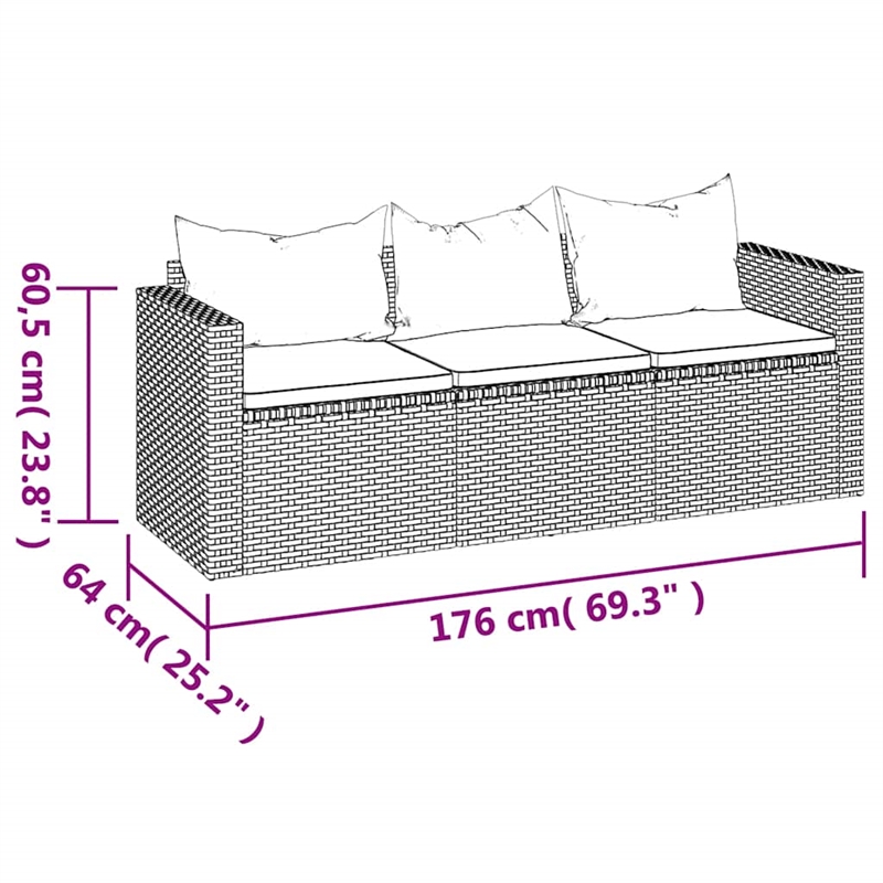vidaXL 3-Seater Poly Rattan Patio Sofa With Cushions in Black/Black Frame