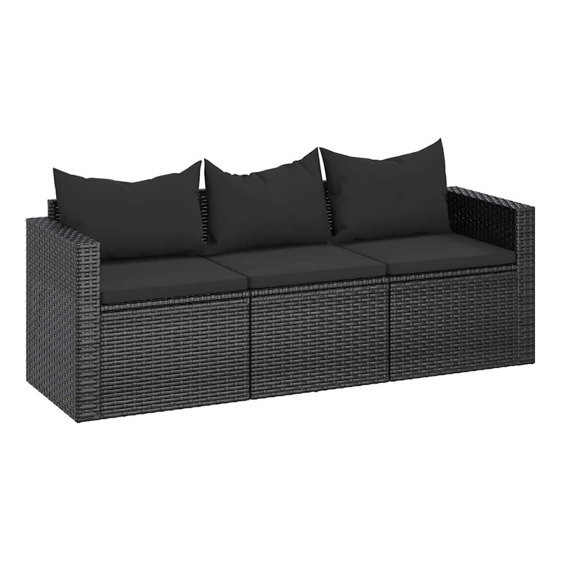 vidaXL 3-Seater Poly Rattan Patio Sofa With Cushions in Black/Black Frame