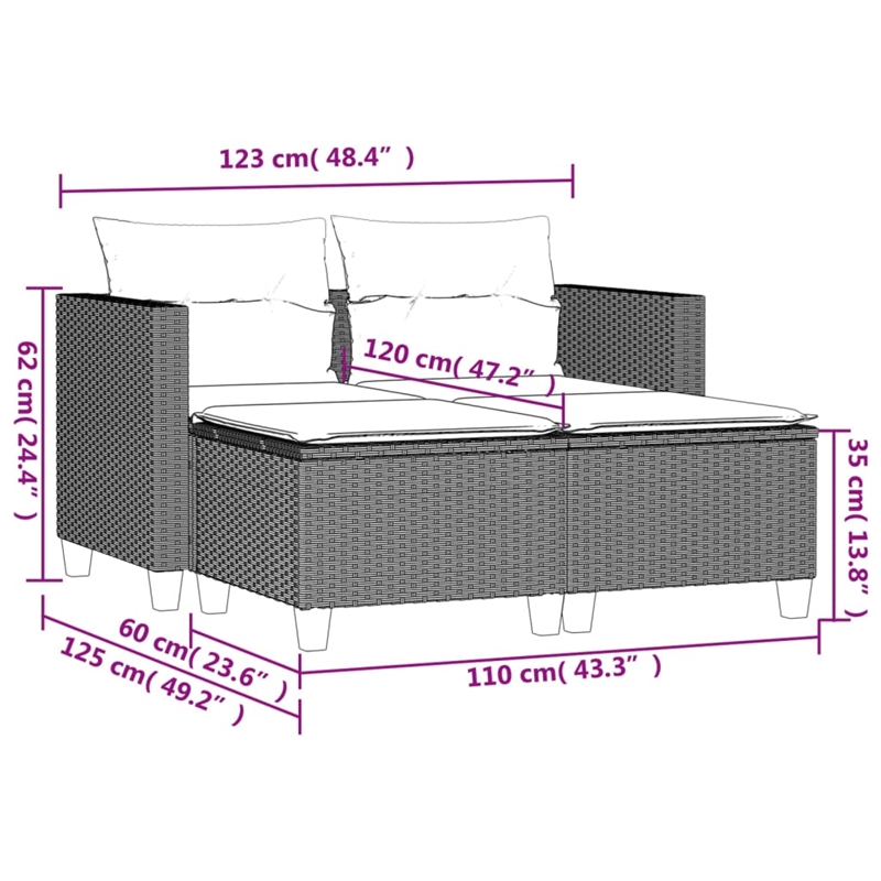 vidaXL 2-Seater PE Rattan Garden Sofa UV-Resistant in Grey