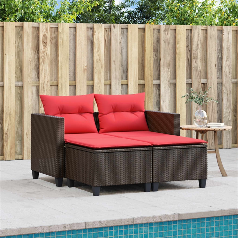 vidaXL 2-Seater PE Rattan And Steel Garden Sofa With Polyester in Brown And Red