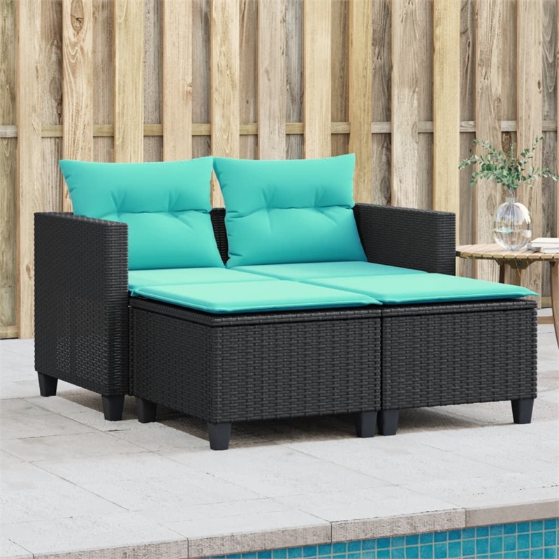 vidaXL PE Rattan And Powder-Coated Steel Garden Sofa in Black And Blue