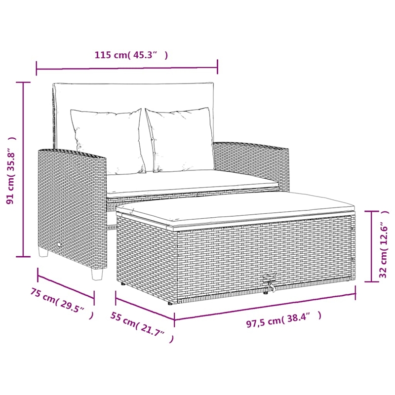 vidaXL Medium PE Wicker Acacia Wood & Powder-Coated Steel Garden Sofa in Grey