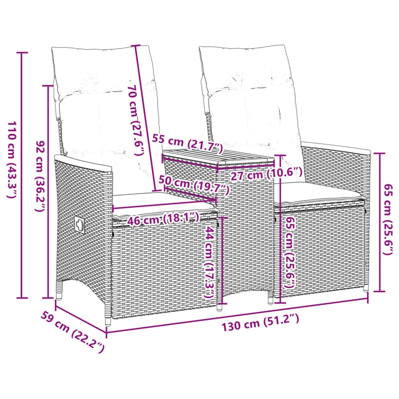 vidaXL 2-Seater PE Rattan Reclining Garden Sofa in Black