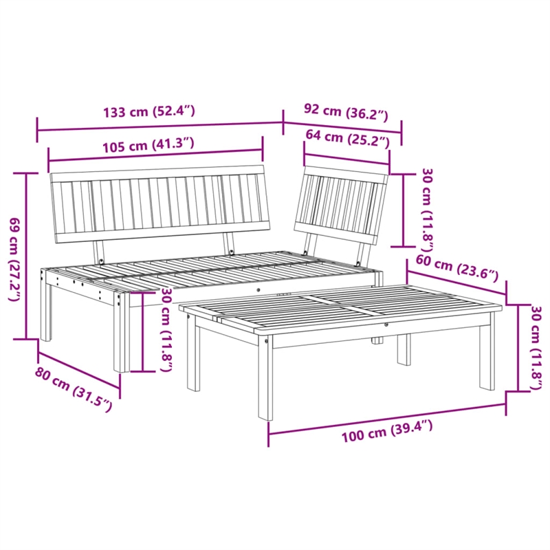 vidaXL Solid Acacia Wood Medium-Sized Pallet Sofa Set in Natural