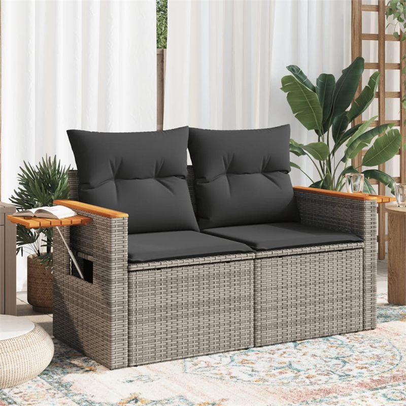 vidaXL PE Rattan & Powder-Coated Steel & Solid Acacia Wood Garden Sofa in Grey