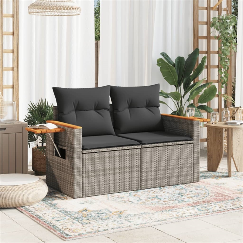 vidaXL PE Rattan & Powder-Coated Steel & Solid Acacia Wood Garden Sofa in Grey