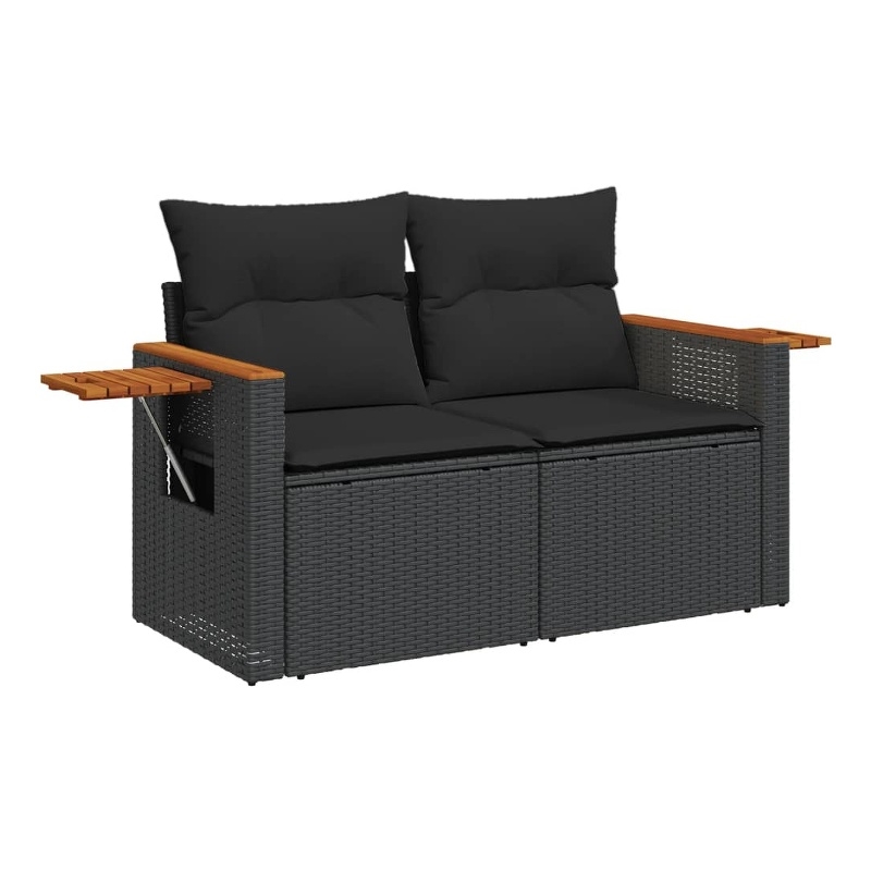 vidaXL PE Rattan & Powder-Coated Steel & Solid Acacia Wood Garden Sofa in Black