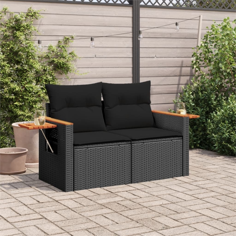 vidaXL PE Rattan & Powder-Coated Steel & Solid Acacia Wood Garden Sofa in Black
