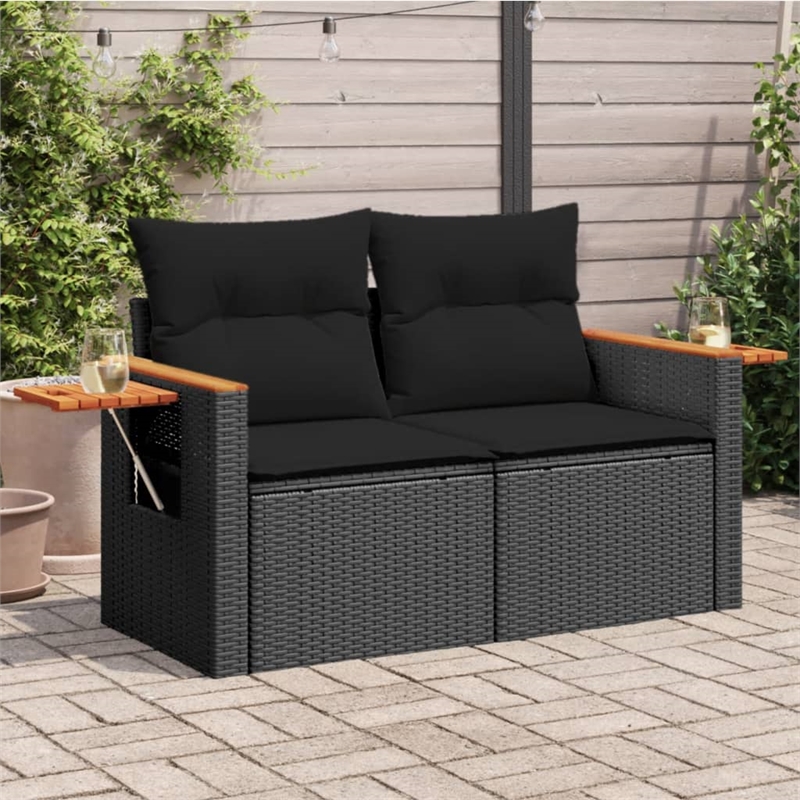 vidaXL PE Rattan & Powder-Coated Steel & Solid Acacia Wood Garden Sofa in Black