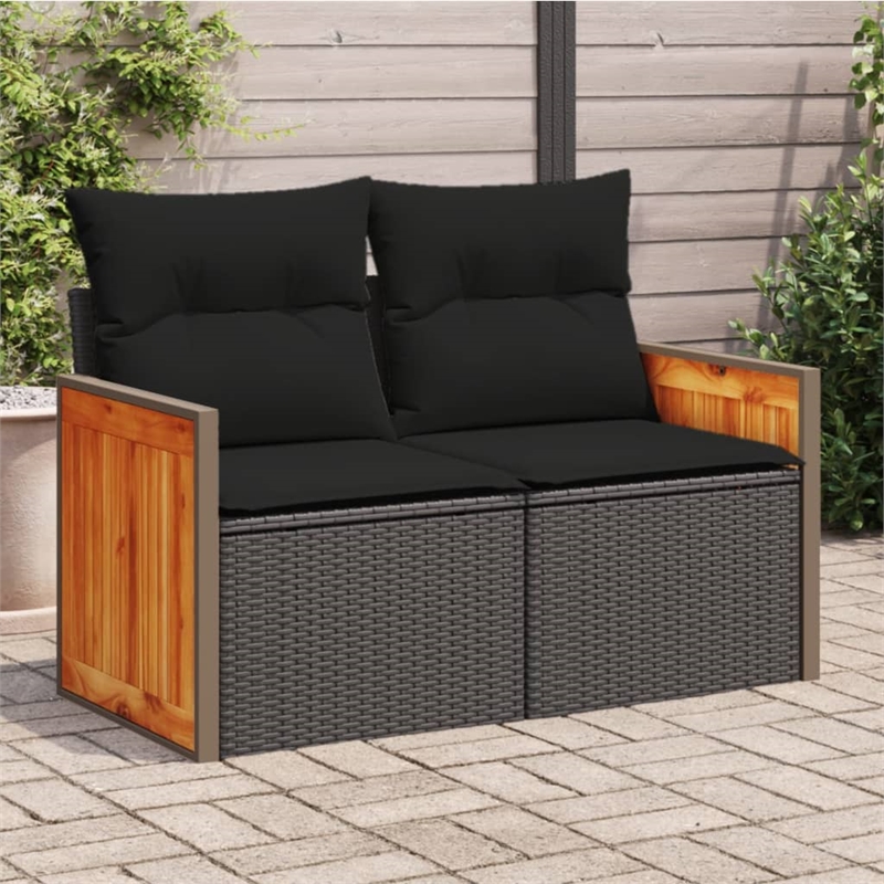 vidaXL PE Rattan & Powder-Coated Steel & Solid Acacia Wood Garden Sofa in Black